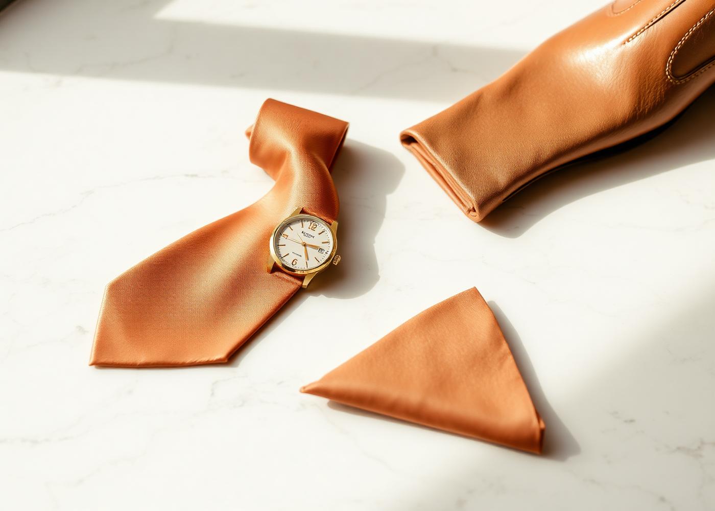 Silk tie, gold watch and leather details